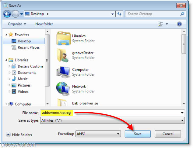 Windows 7-skærmbillede - gem som addownership.reg