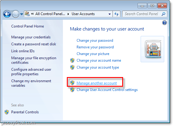 Klik på administrer en anden konto fra din Windows 7-brugerkontoside