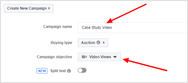 Vælg målet Video Views for din Facebook-annoncekampagne.