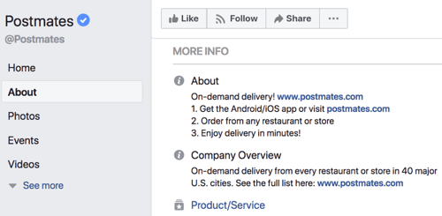 Om sektionen til Facebook-siden Postmates.