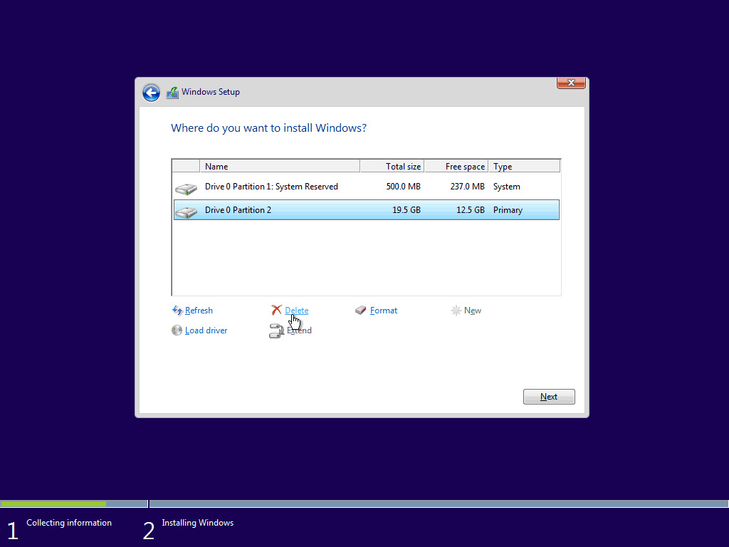 05 Slet eksisterende primær partition Windows 10 Clean Install