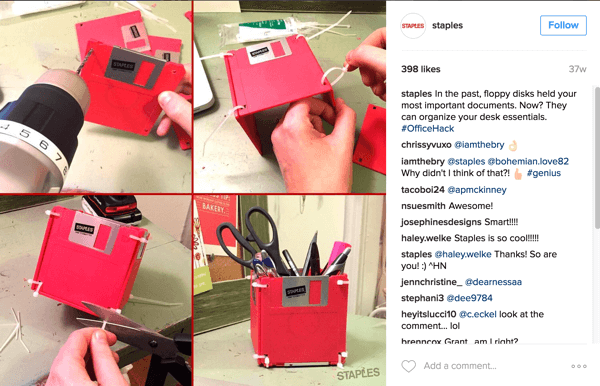 Denne Instagram-fotocollage fra Staples viser en smart måde at genbruge disketter på et bordtilbehør.