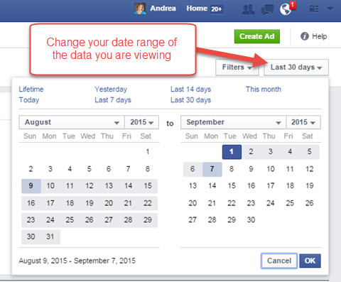 Facebook Ads Manager rapporterer datointerval