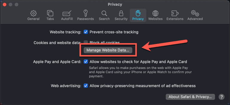 mac safari administrere data