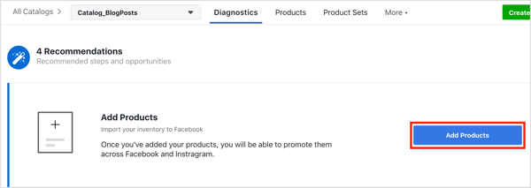 Klik på knappen Tilføj produkter for at tilføje produkter til dit Facebook-katalog.