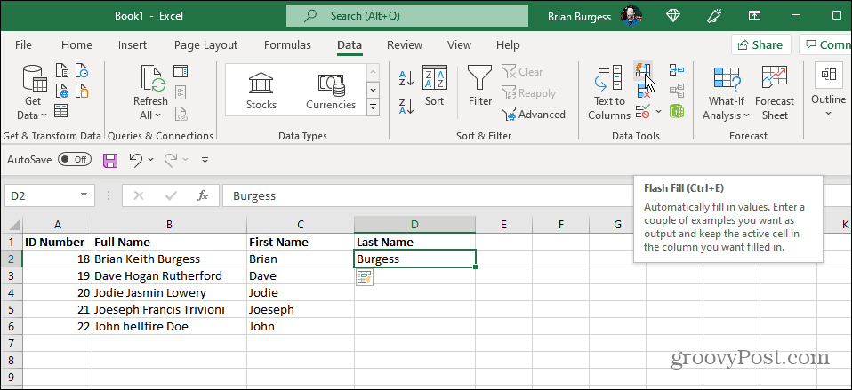 efternavn flash fill excel