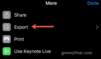 Begynd eksportprocessen fra Keynote til PowerPoint på iOS