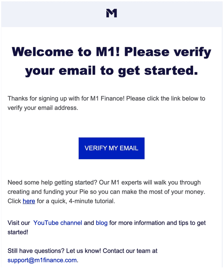 M1 Finance bekræfter e-mail