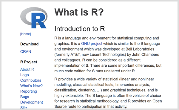 Byg dine egne forudsigelige analyseværktøjer med programmeringssprog R. Skærmbillede af R introduktions webside. 