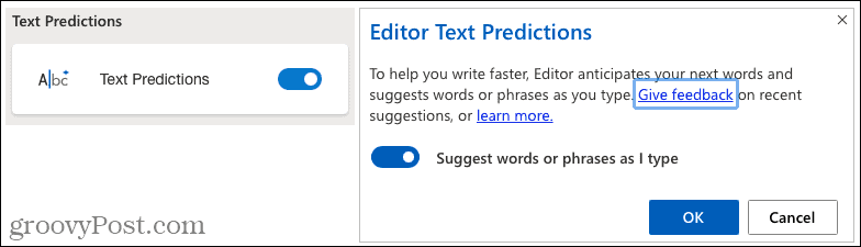 Microsoft Editor tekst forudsigelser