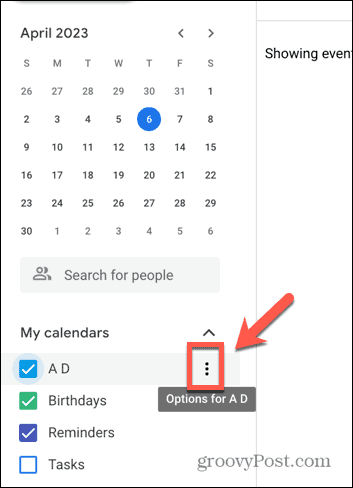 Skærmbillede af Google Kalender-ikon med tre prikker