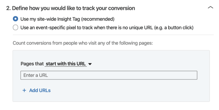 Definer, hvordan du vil spore din konvertering-sektion af installationsprocessen for LinkedIn-samtalesporing