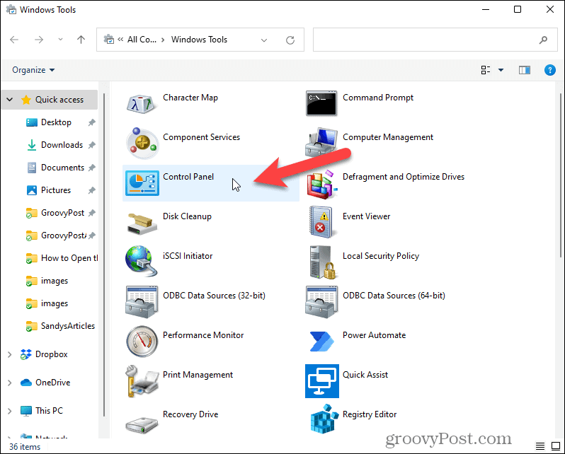 Åbn Kontrolpanel i Windows Værktøjer