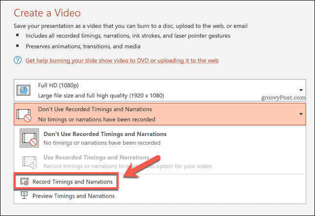 Optagelsestider for en eksporteret video i PowerPoint
