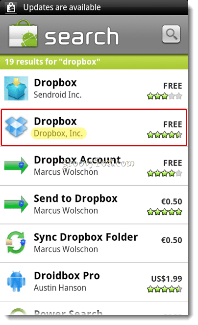 Android Dropbox-søgemenu
