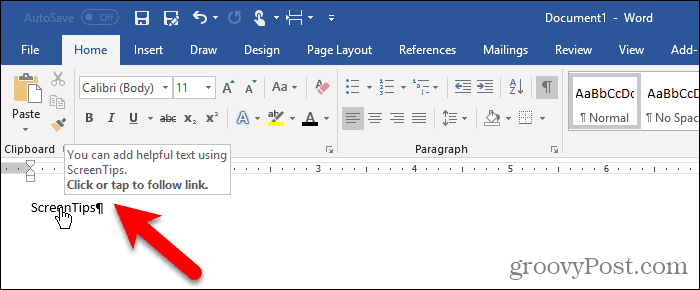 Bogmærke skjult og intet Ctrl + Klik i ScreenTip i Word