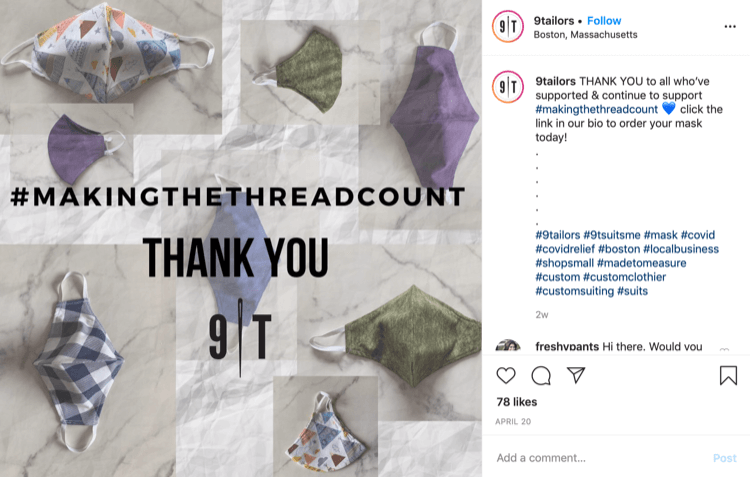9Tailor Instagram-indlæg om salg af masker