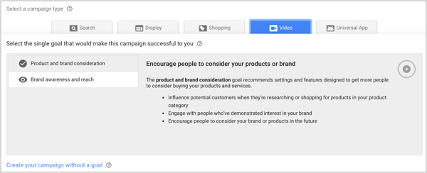 Brand Awareness and Reach-kampagnetype i Google AdWords.