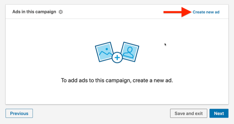 eksempel på linkedin-annoncekampagneniveau med den nye valgmulighed for opret annonce fremhævet