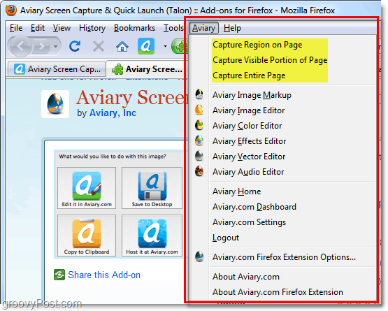 talon tilføjer en menu til din browser for hurtigt at tage skærmbilleder og åbne andre webapps fra aviary-pakken