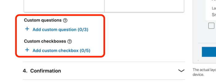 screenshot af brugerdefinerede spørgsmål og brugerdefinerede afkrydsningsfelter til leadgen-formular i LinkedIn-annonceopsætning