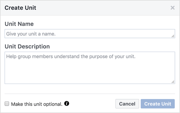 Giv Facebook-gruppeenheden et navn og en beskrivelse. 