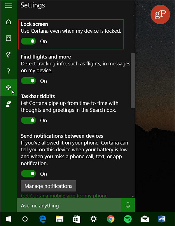 Tænd for Cortana Lock Screen Windows 10