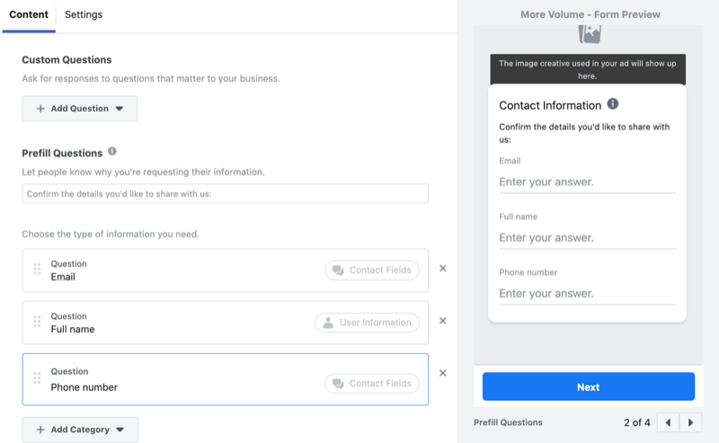 tilføj brugerdefinerede spørgsmål til Facebook-leadgenerationsformularen