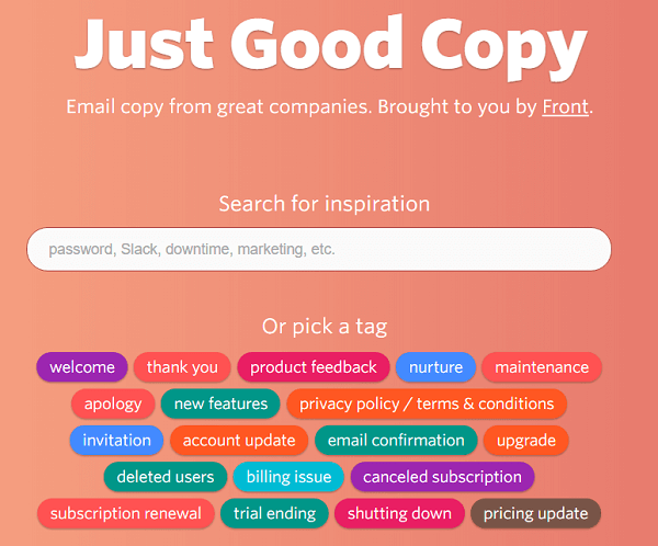 Just Good Copy giver dig eksempler på e-mails for at komme i gang.