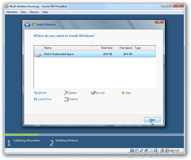 VirtualBox Windows 8 vælger disk til installation