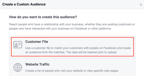 Opret et Facebook-tilpasset publikum ved hjælp af en kundeliste.