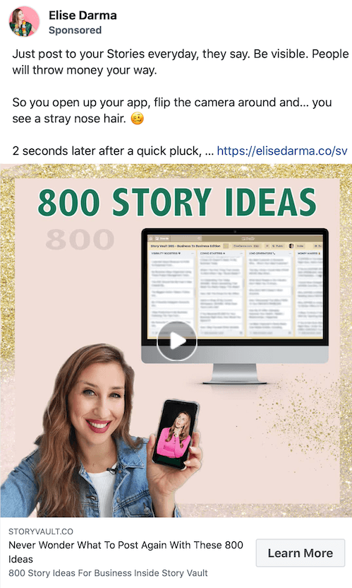 screenshot eksempel på et sponsoreret indlæg af elise darma, der promoverer 800 ideer til historier