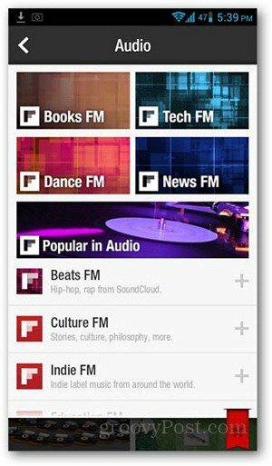 Flipboard-audio-menuen