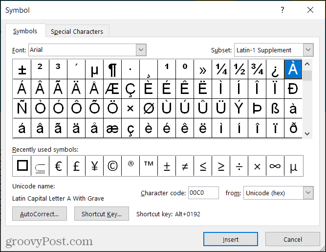 Symboler for accentmærker i Word