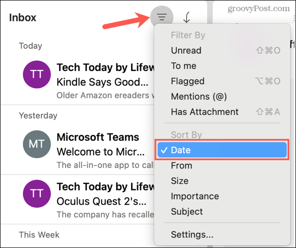 Sorter efter dato i Outlook på Mac