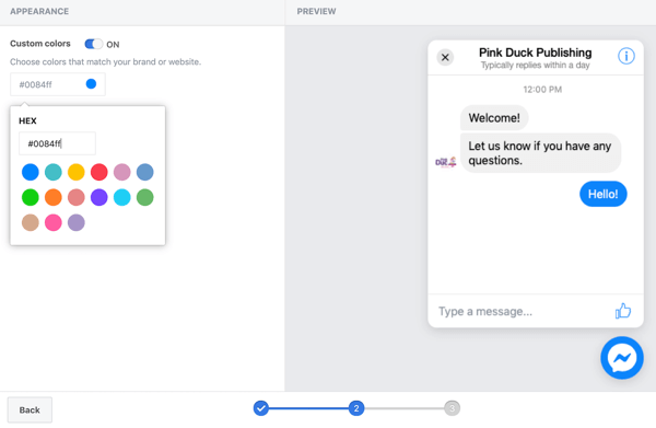 Brug Google Tag Manager med Facebook, trin 11, muligheder for at indstille brugerdefinerede farver til dit Facebook chat-plugin