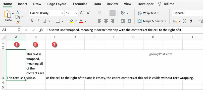 Et eksempel på forskellige tekstindpakningsformater i Excel