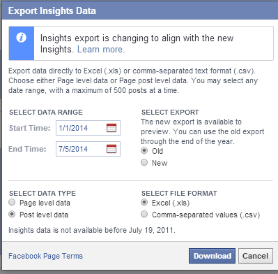 eksportere efter niveau fra Facebook-indsigt