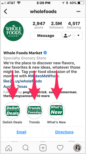Instagram-højdepunkter på Whole Foods-profilen.