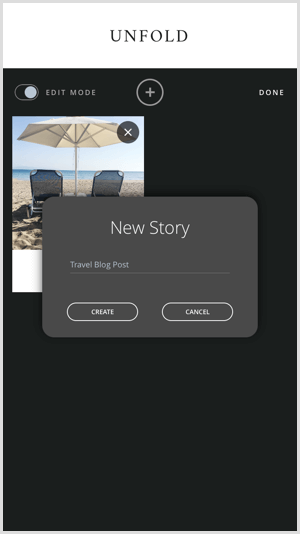 Tryk på + ikonet for at oprette en ny historie med Udfold.