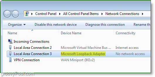 Windows 7-netværksskærmbillede - Microsoft Loopback-adapter, der er synlig i netværksforbindelsesvinduet