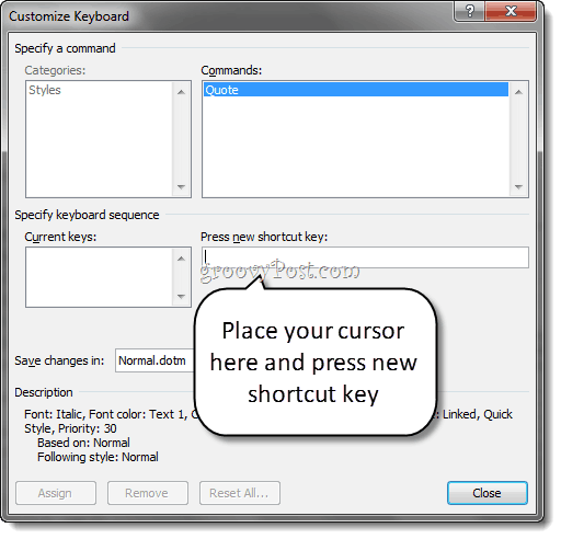 Tilpasset stil Tastaturgenveje Word 2010