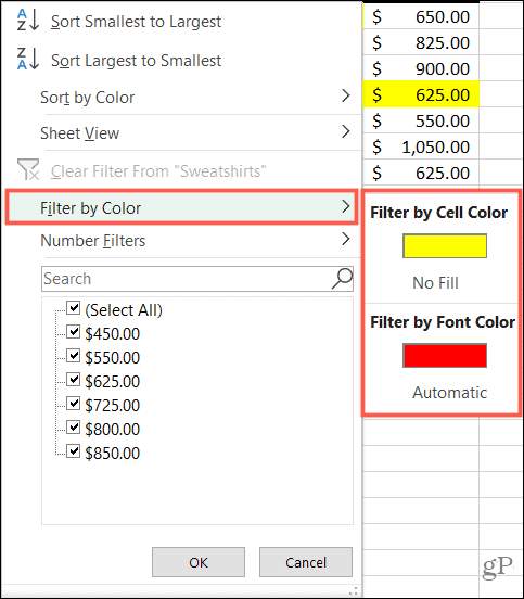 Filtrer efter farve i Excel
