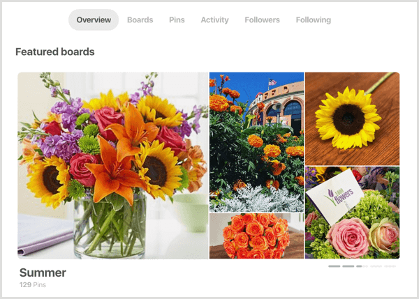 eksempel på sektion med udvalgte tavler til Pinterest-profil