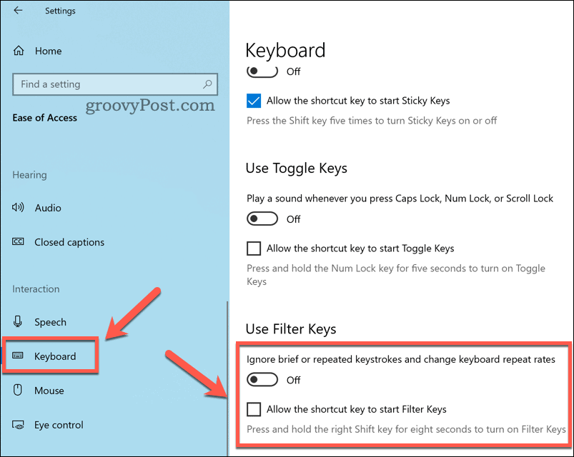 Konfiguration af filternøglerindstillinger på Windows 10
