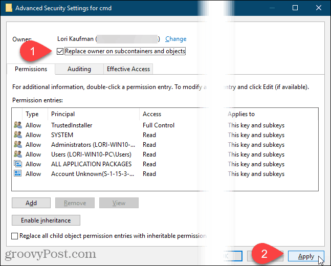Klik på Anvend i dialogboksen Avancerede sikkerhedsindstillinger i Windows-registreringsdatabasen