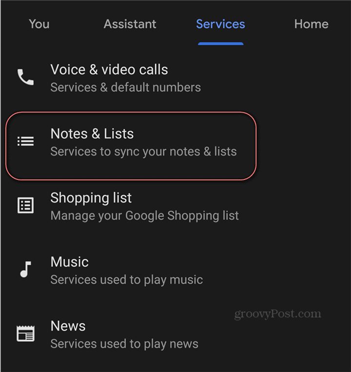 Google Assistant Google Keep-indstillinger notatlister