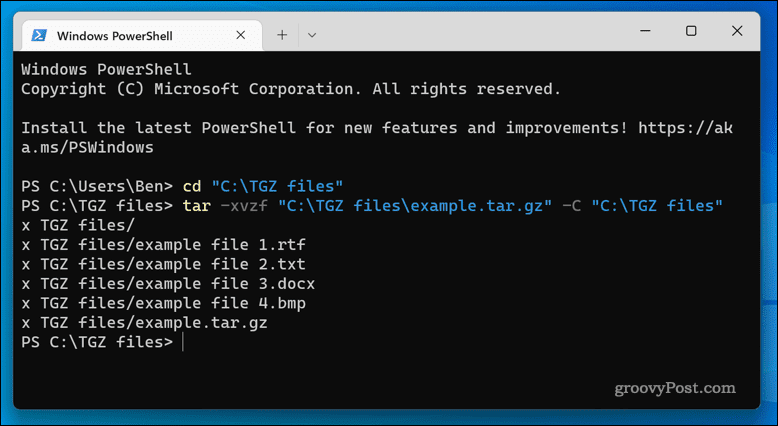 Udpakning af TGZ-filer på Windows 11 ved hjælp af terminalappen
