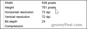 DPI-detaljer for et billede på Windows