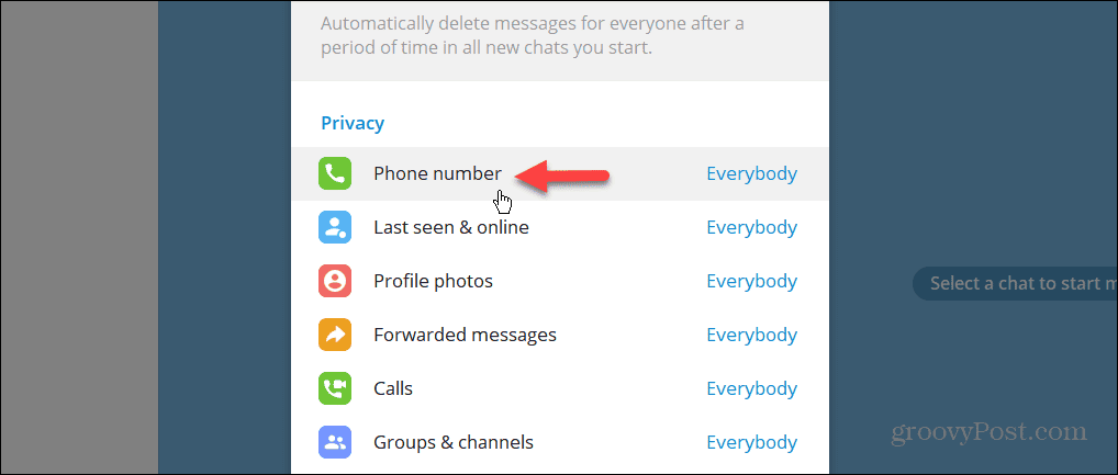 Privatlivsindstilling for telefonnummer i Telegram desktop-app